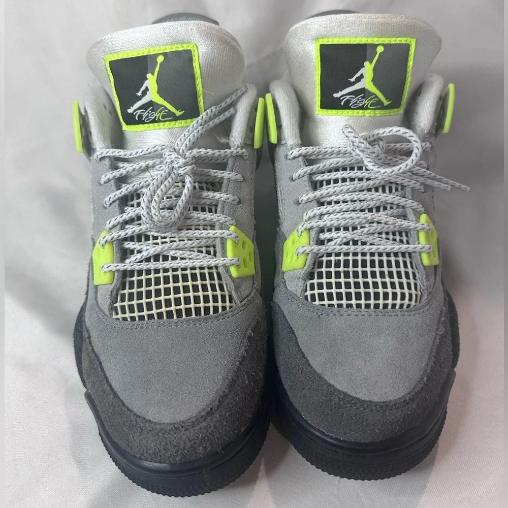Suede Jordan 4’s Big Kid’s Sz. 4.5y charcoal grey and volt colorway